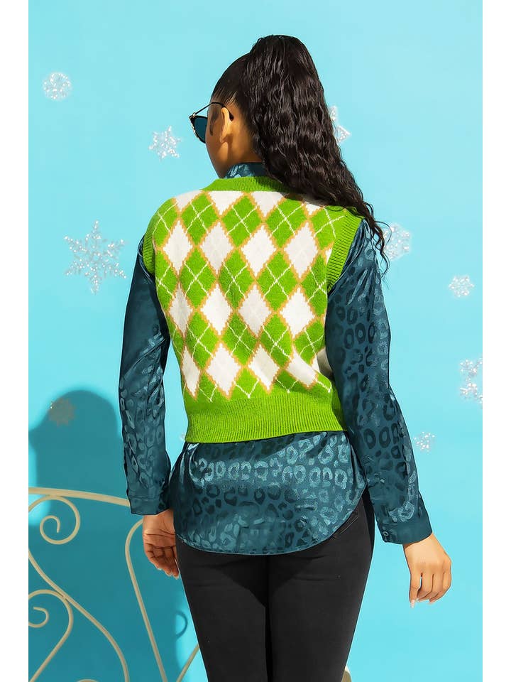 Sweet Generis - Venta al por mayor Chaleco de punto - Mujer - CHALECO CON CUELLO EN V Y PATRÓN DE ARGYLE DE PUNTO GRUESO4