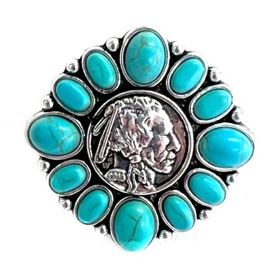 Anello a fascia western con moneta indiana e turchese per la vendita all'ingrosso da parte di Snowing West
