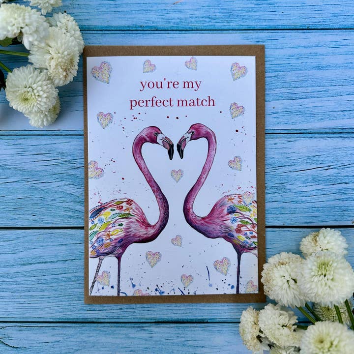 Flamingo Valentines | Perfect Match Eco Card Cute Colourful for wholesale by Jen Winnett Eco Artist