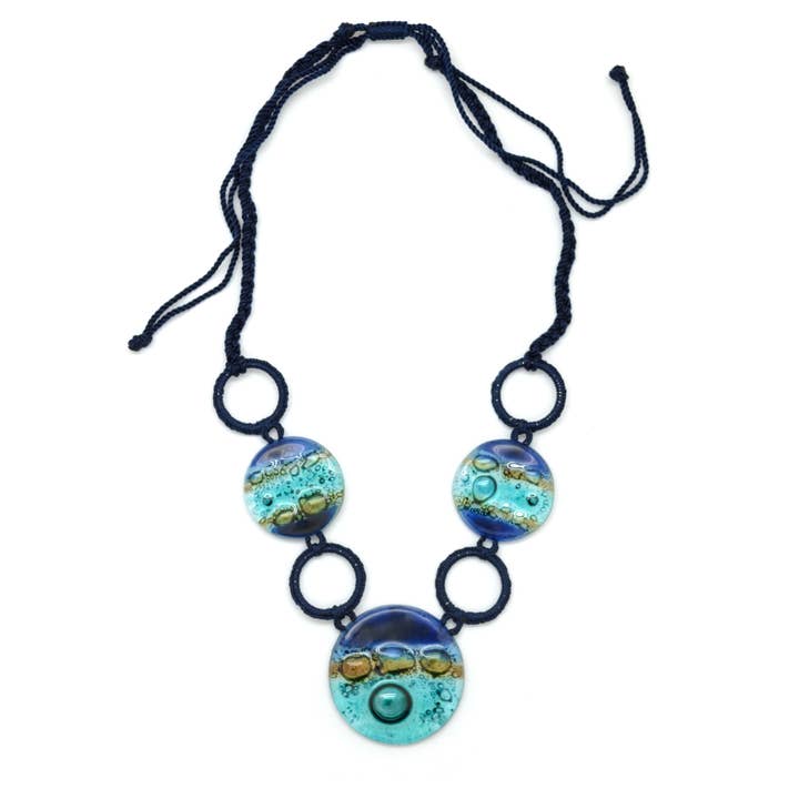 Glass Circles & Macrame Bib Necklace - Handmade for wholesale by Dunitz & Company