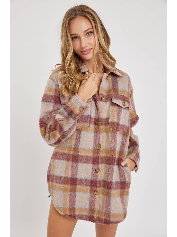 MAUVE BURGUNDY OUTERWEAR CLASSIC PLAID SHACKET/JACKET for wholesale on Faire9