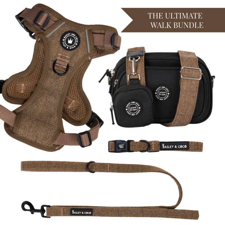 Oxford Tweed Adjustable Dog Harness, Lead, Collar & Dog Walking Bag Bundle for wholesale by Bailey and Coco