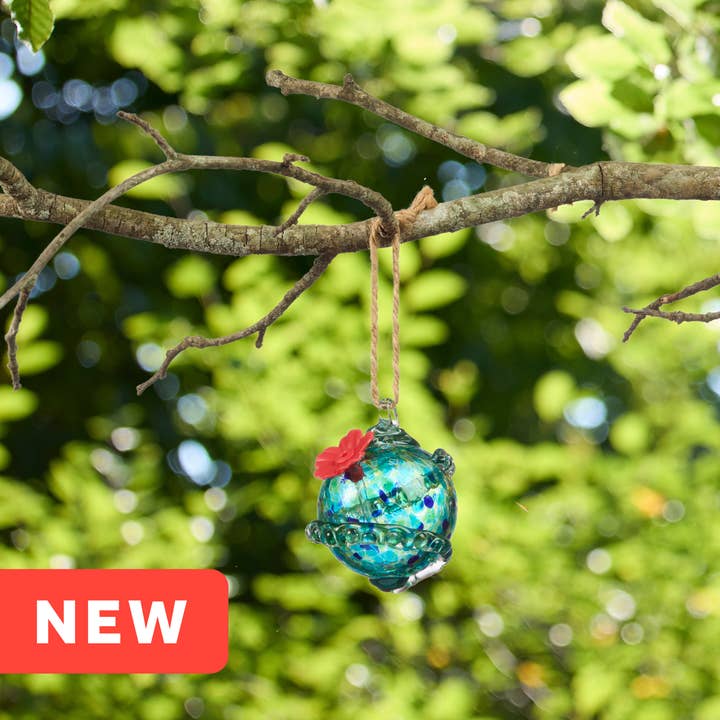 Blue Planet Art Glass Hummingbird Feeder for wholesale by RCS Gifts