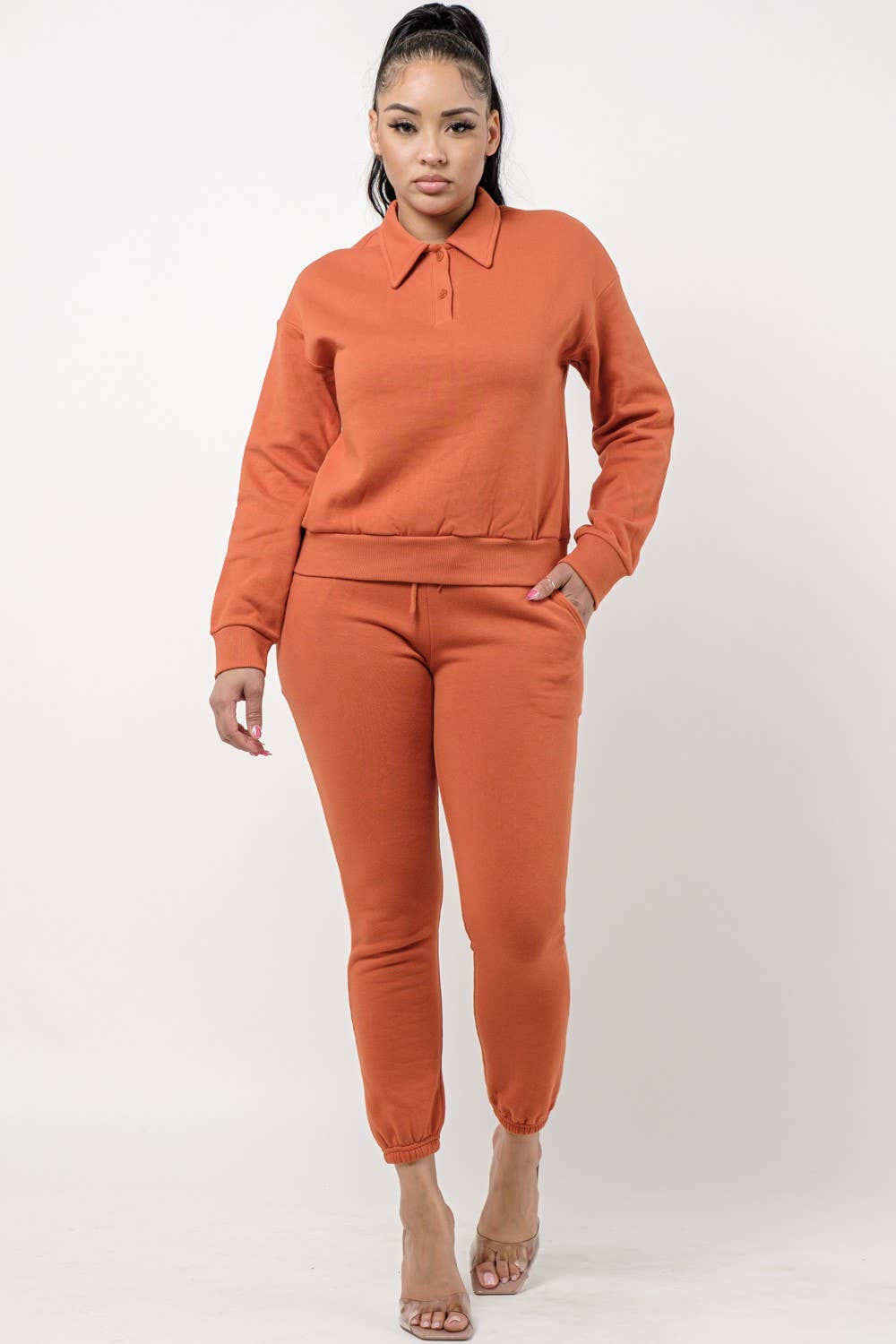 Boswell – wholesale Lounge set – Women's – Solid Jogger Set With Collar Long Sleeve Top12