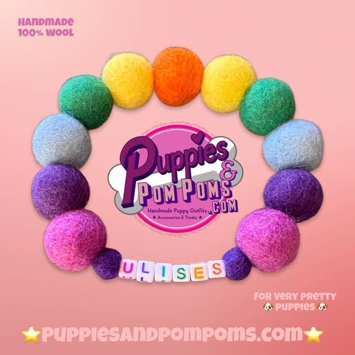 Puppies & Pom Poms - Vente Collier – chien - Collier pour chien personnalisé avec pompons colorés arc-en-ciel 2 cm10