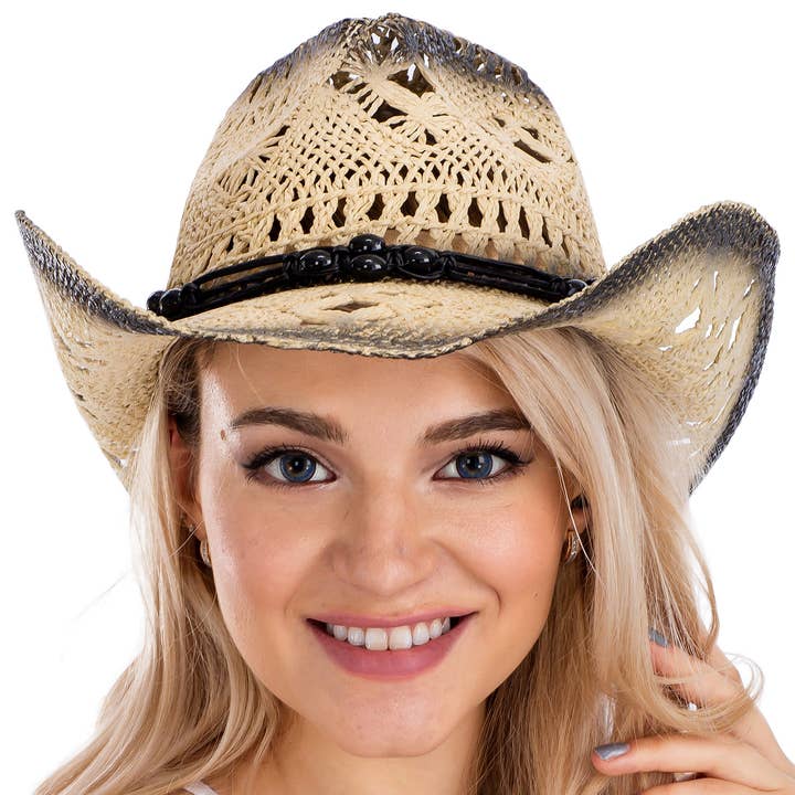 Cap Zone - Vente Chapeau de paille – femme - Chapeau de cowboy vintage en crochet brûlé légèrement perlé