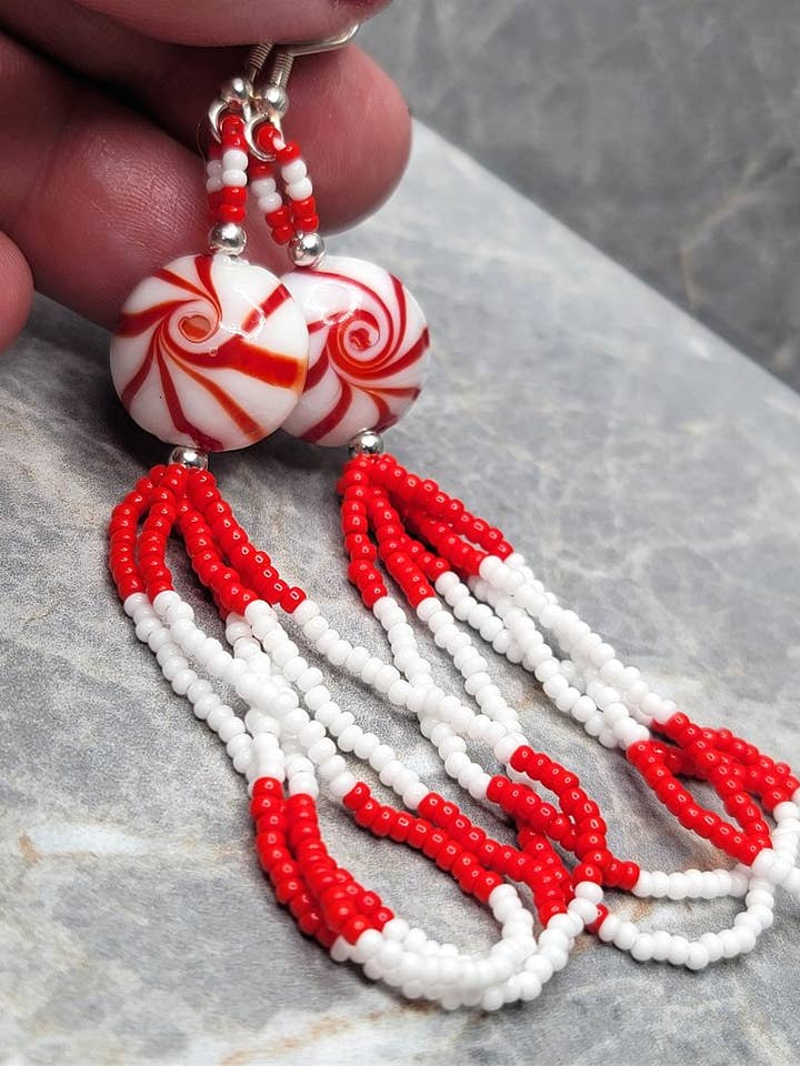 Red and White Peppermint Candy Lentil Style Bead Earrings with Red and White Seed Bead Loop Dangles for wholesale by Simply Raevyn