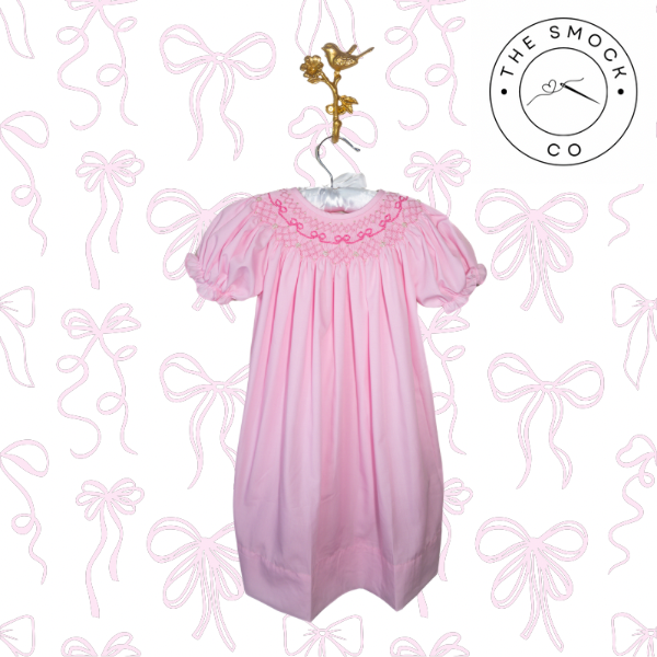 The Smock Co - Wholesale Dress - Kids - Pink Bow Pearl Hand smocked Dress1