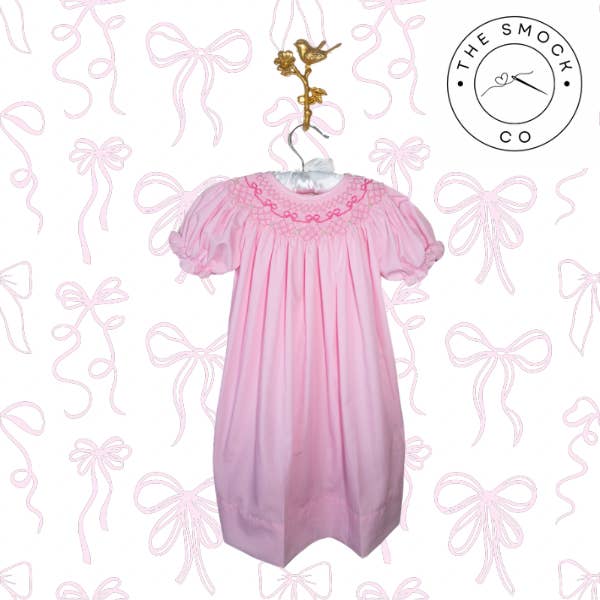 The Smock Co - Wholesale Dress - Kids - Pink Bow Pearl Hand smocked Dress1