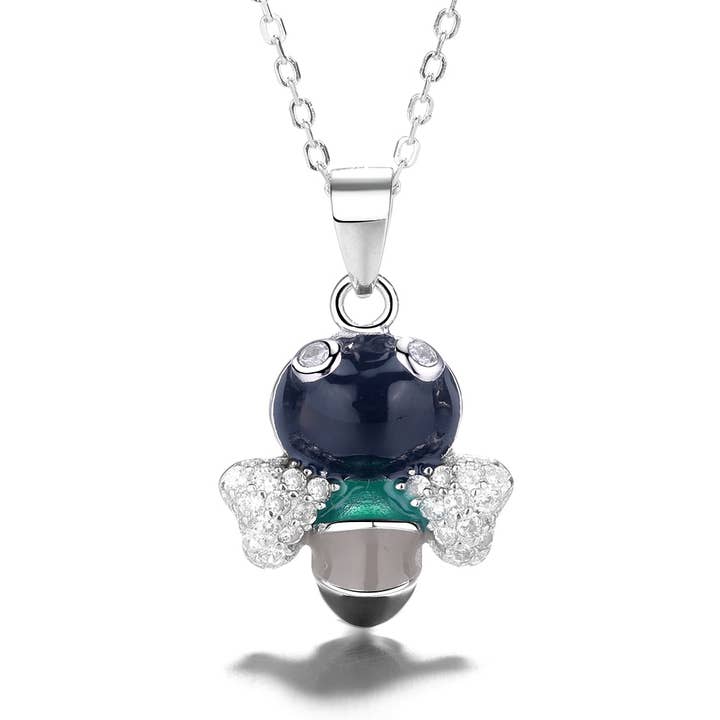 Sterling Silver Black Bee Pendant Necklace with Crystals for wholesale by Amy and Annette