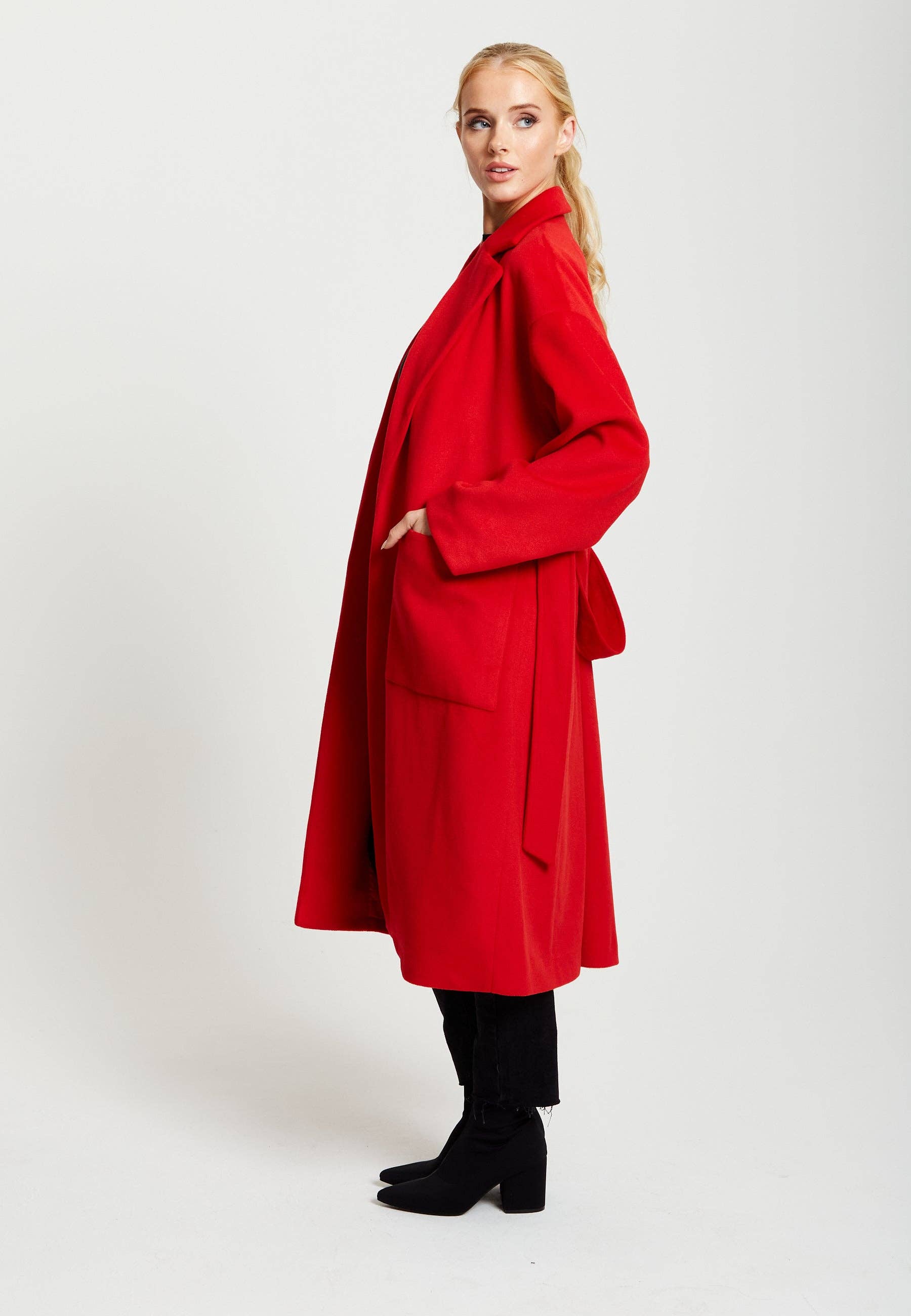 Liquorish Belted Longline Coat In Red for wholesale on Faire8