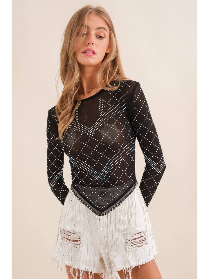 BLACK 32974T - Stretch Mesh Studded Rhinestone Fringe Long SLV Top for wholesale on Faire