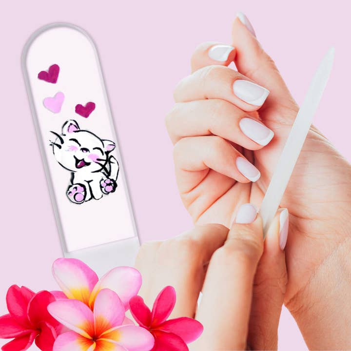 Classy Nail Files - Vendita all'ingrosso Lime per unghie - Lima per unghie in cristallo dipinta a mano con gattino bianco e cuore.8