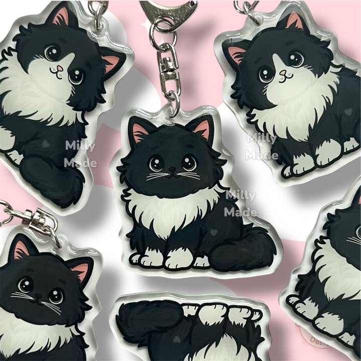 Black Longhaired Tuxedo Cat Acrylic Keychain with Epoxy Resin | Easy-Clip, Cute Cat Cartoon, Hand-Drawn Design, Cat Lover Gift for wholesale by Milly Made Designs