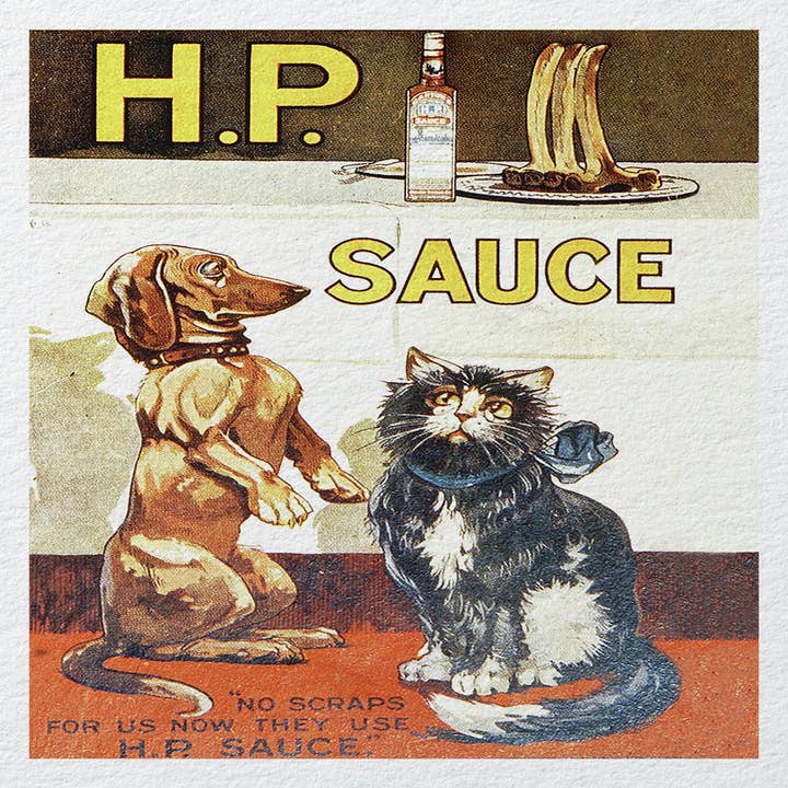 HP Sauce Dog And Cat Printed Fabric Panel for wholesale by Hills Of Fabric