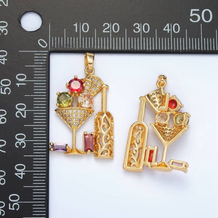 Aim Eternal - Wholesale Individual Charm/Pendant - 24K Gold Filled Multicolor Micro Paved Baguette CZ Martini Wine Alcohol Drinks Pendant | I7081
