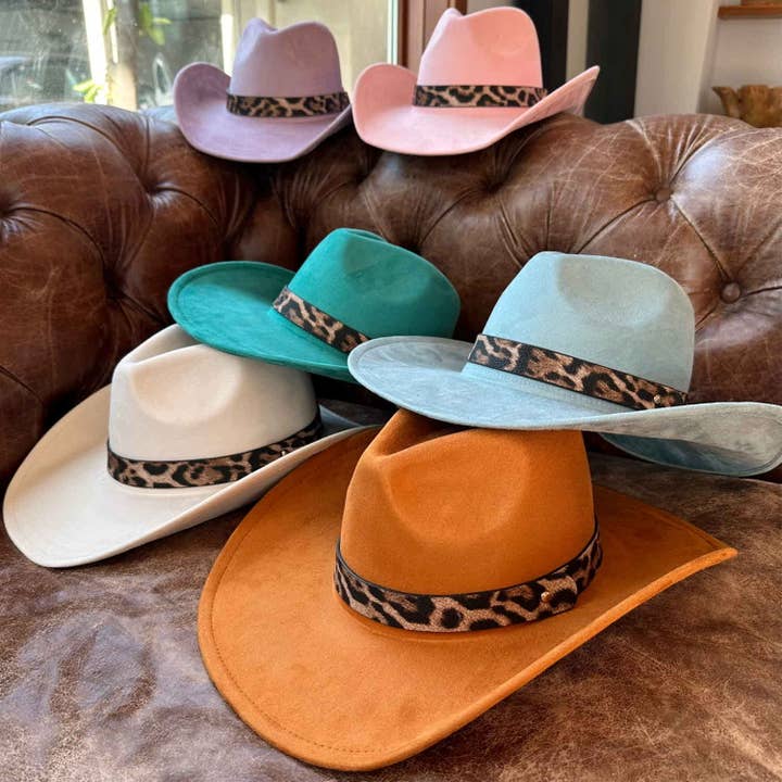 Bella Betty - Wholesale Cowboy Hat - Women's - Fashion Vegan Suede Cowboy hat W/ Leopard Belt