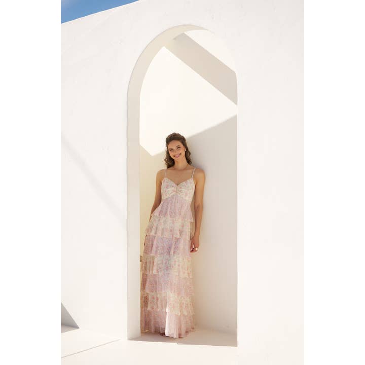 in february - Wholesale Dress - Women's - ROMANTIC FLORAL TIERED MAXI DRESS WITH RUCHED BUST