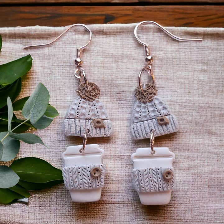 Fall Coffee Latte Cup Dangle Earrings Cozy Knitted Aesthetic for wholesale by Foxy Method