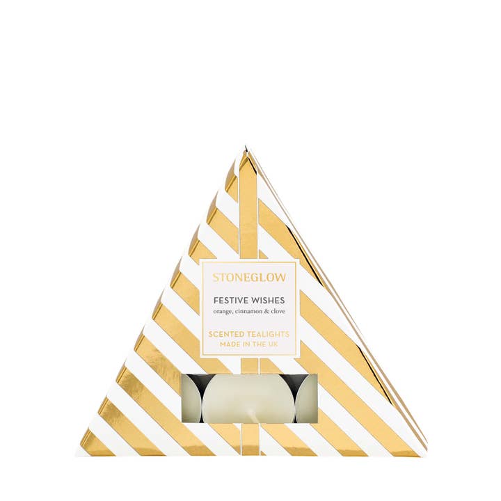 Seizoensgebonden - Feestelijke Wensen - Geurkaarsje (Driehoek) Nieuw voor wholesale door Stoneglow Candles