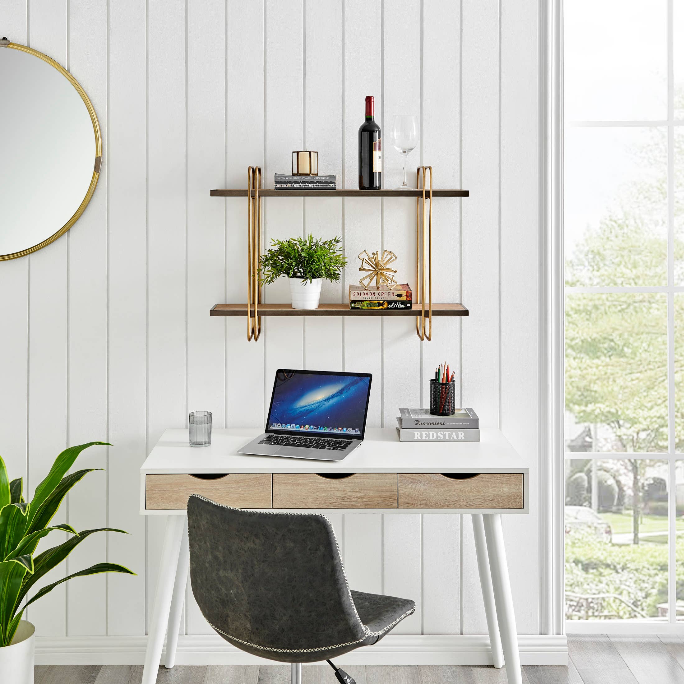 Danya B - Wholesale Wall Mounted Shelf - Danya B. Two-Tier Warm Gold and Washed Oak Brown Wall Shelf2