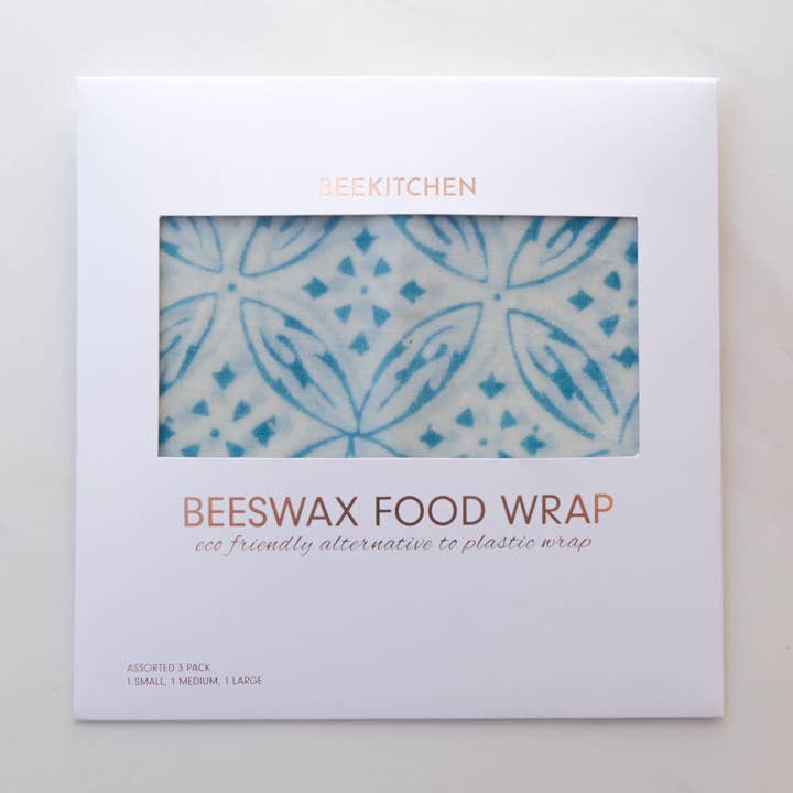 3 Pack - Beeswax Food Wrap Blue and White Geometric Floral for wholesale by Bee Kitchen