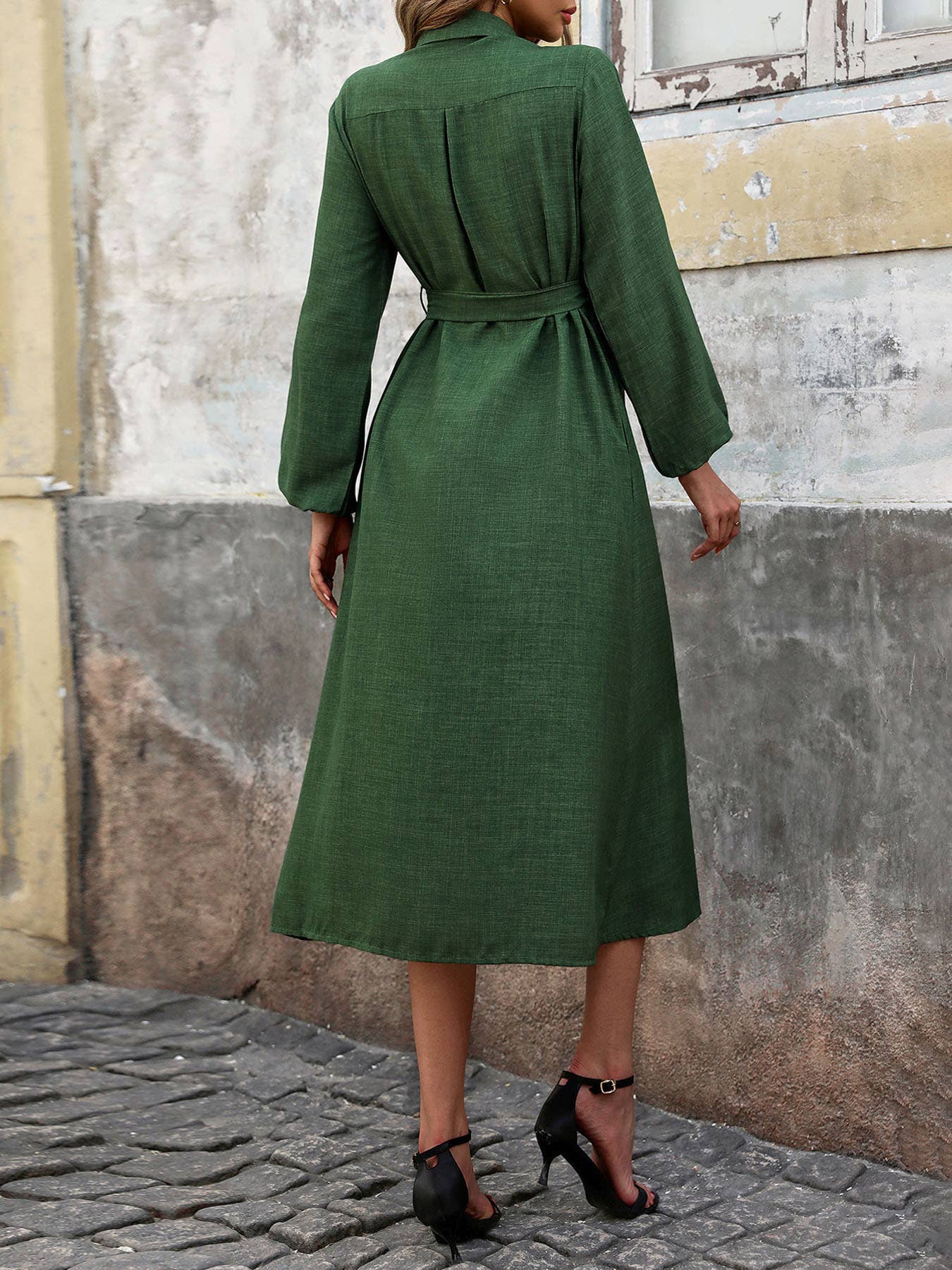 ARMYGREEN SOLID COLOR DRESS WITH LONG SLEEVES AND LAPELS for wholesale on Faire4