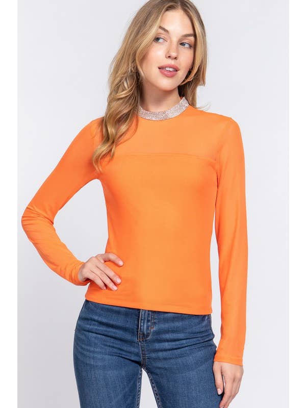 Org Orange Long Sleeve Mock Neck With Rhinestone Mesh Top for wholesale on Faire
