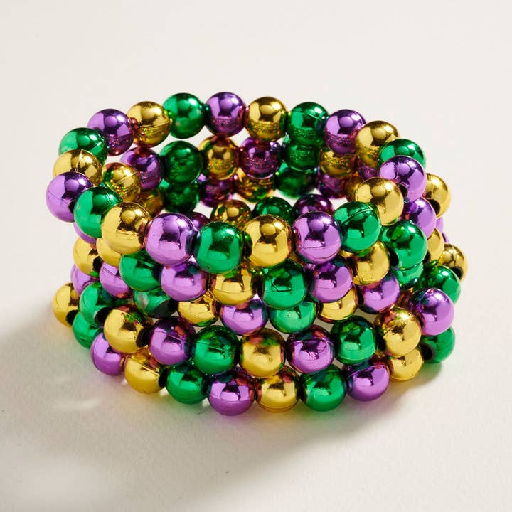 5PCS - Metallic Mardi Gras Beaded Stretch Multi Layered Bracelets for wholesale by Madeline Love