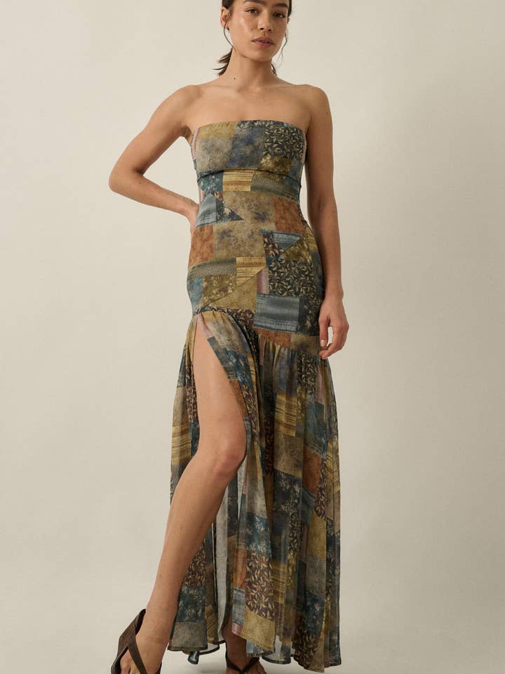 Patchwork-Print Chiffon Strapless Drop-Waist Maxi Dress for wholesale by Promesa USA
