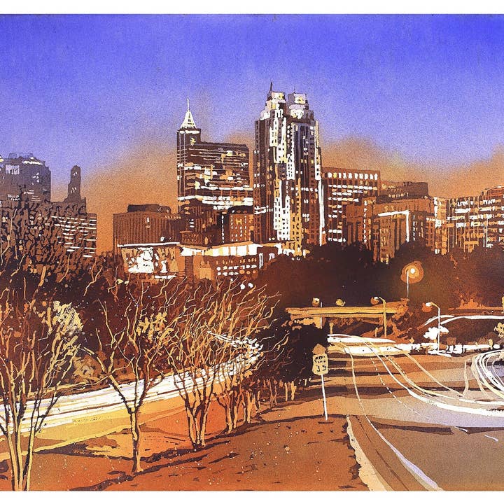 Orizzonte del centro di Raleigh, NC all'alba. Pittura ad acquerello, decorazioni artistiche di Raleigh, Carolina del Nord, pittura dello skyline, pittura di Raleigh per la vendita all'ingrosso da parte di Ryan Fox Fine Art