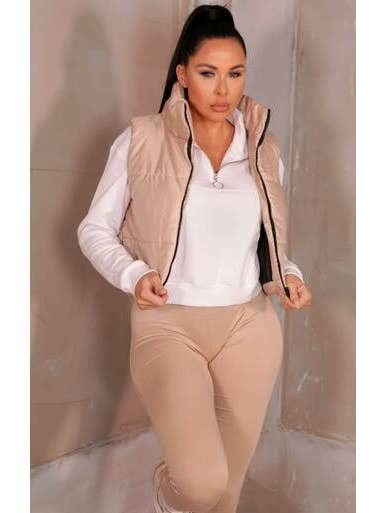 Femme Luxe - Wholesale Jacket - Women's - Nude High Neck Sleeveless Zip Up Cropped Puffer Gilet - Brea