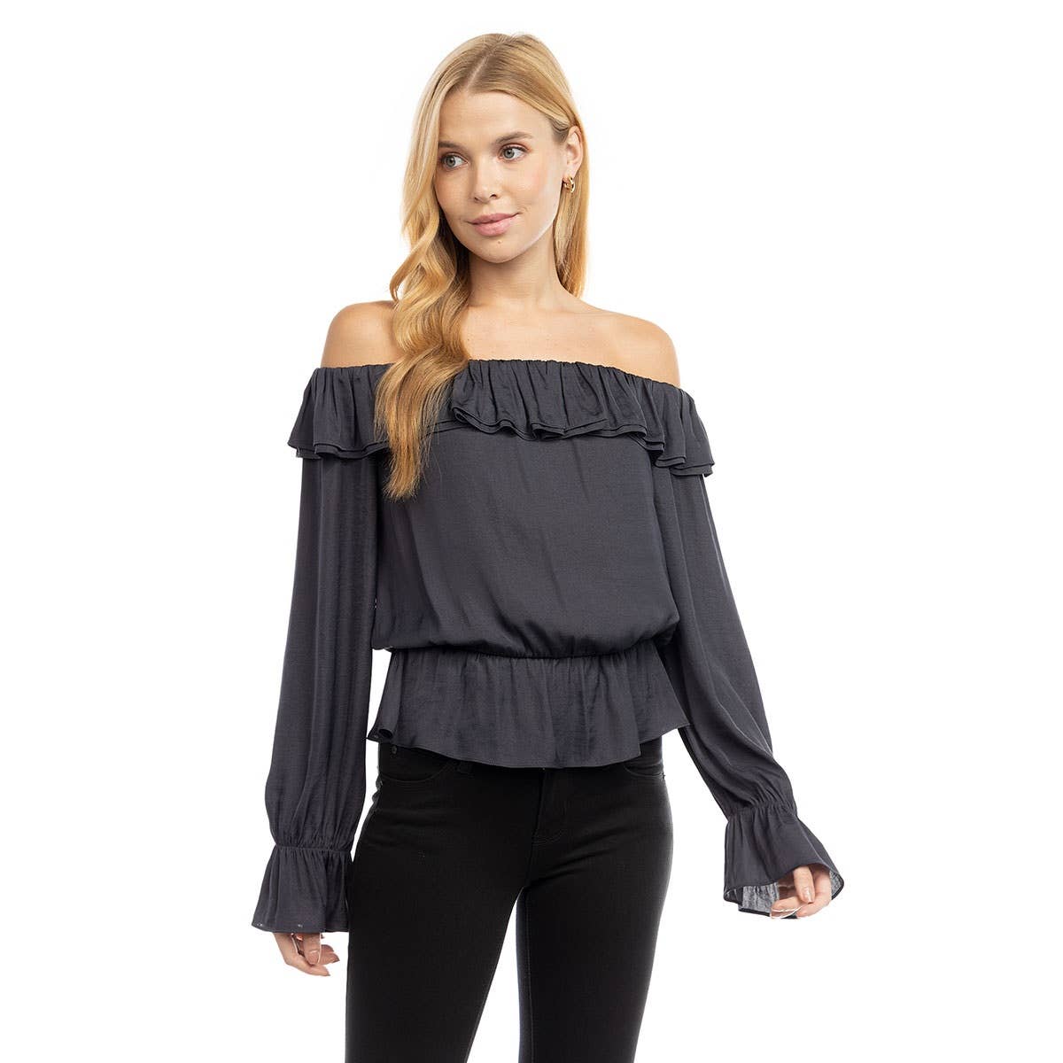 Naked Zebra Rack - Wholesale Blouse - Women's - Off Shoulder Long Sleeve Peplum Blouse2