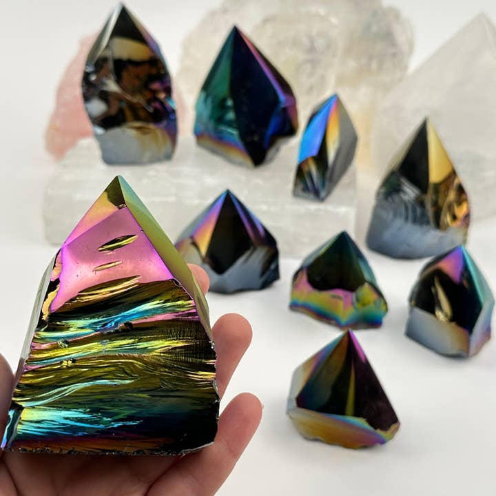 Rainbow Titanium Black Obsidian Crystal Semi Polished Point for wholesale by Rock Paradise