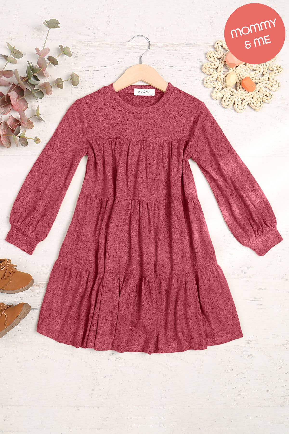 You & Me - Wholesale Dress - Kids - YMD10064TKV-KIDS PUFF LONG SLEEVE TIERED HACCI BRUSHED DRESS5