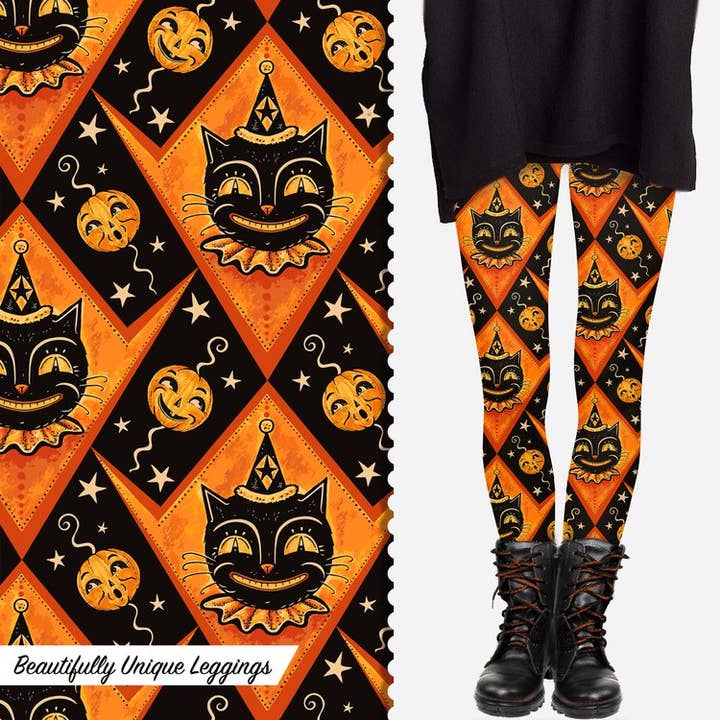 Beautifully Unique® Leggings – wholesale Modeleggings – Dam – "Grinning Jack" (Johanna Parker Exclusive) Orange Vintage Cat - Högkvalitativa Handgjorda Livfulla Leggings