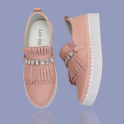 Mocasín de cuero con detalle de flecos en color rubor para venta al por mayor de LAV-iSH