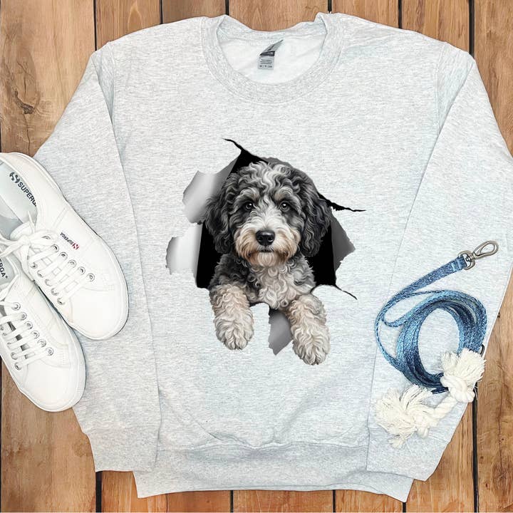 Aussiedoodle Peeking Sweatshirt for wholesale by Puppy Jo