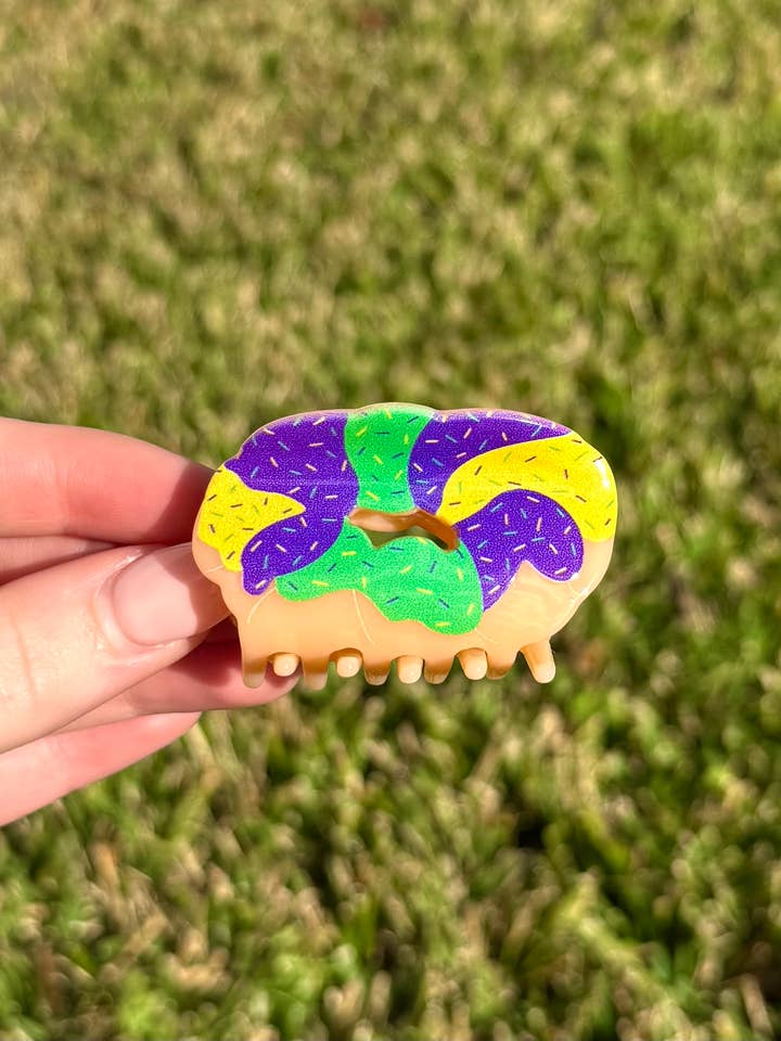 Mini Mardi Gras King Cake Custom Claw Clip for wholesale by La Luna Belle LLC