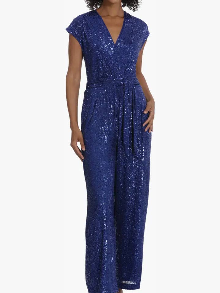 Maggy London Cap Sleeve Wide Leg Sequined Jumpsuit for wholesale by New Yorker's Apparel