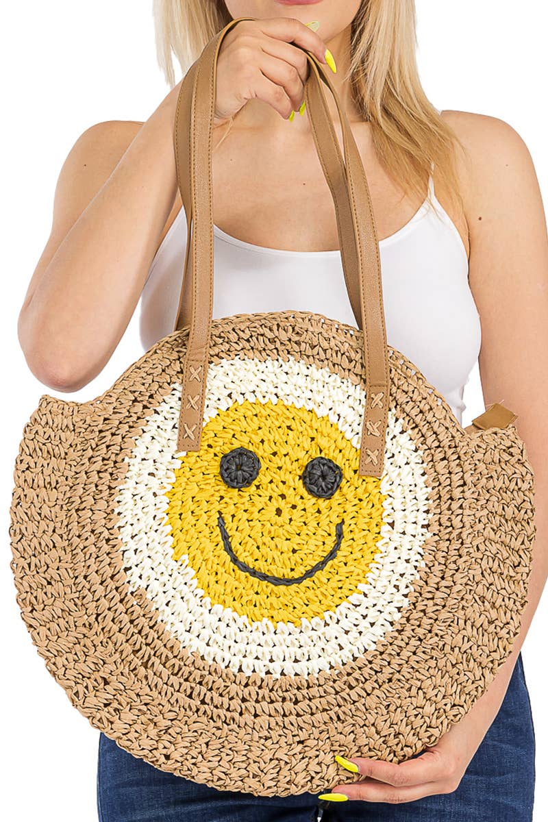 Cap Zone - Vendita all'ingrosso Borsa da spiaggia - Borsa da spiaggia rotonda in rattan con faccina sorridente0