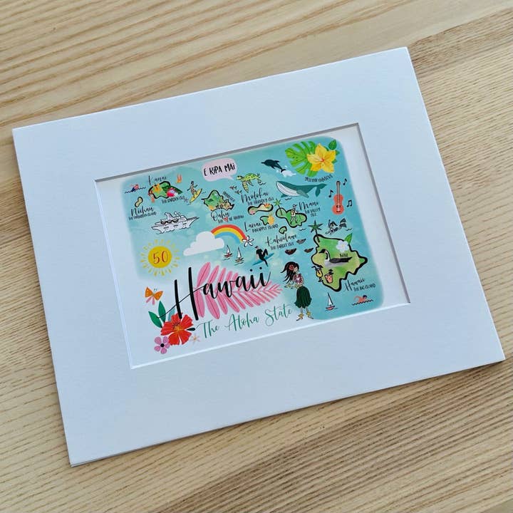 Impression artistique avec passe-partout Carte illustrée d'Hawaï 8 x 10 pour la vente par Gooseberry Designs
