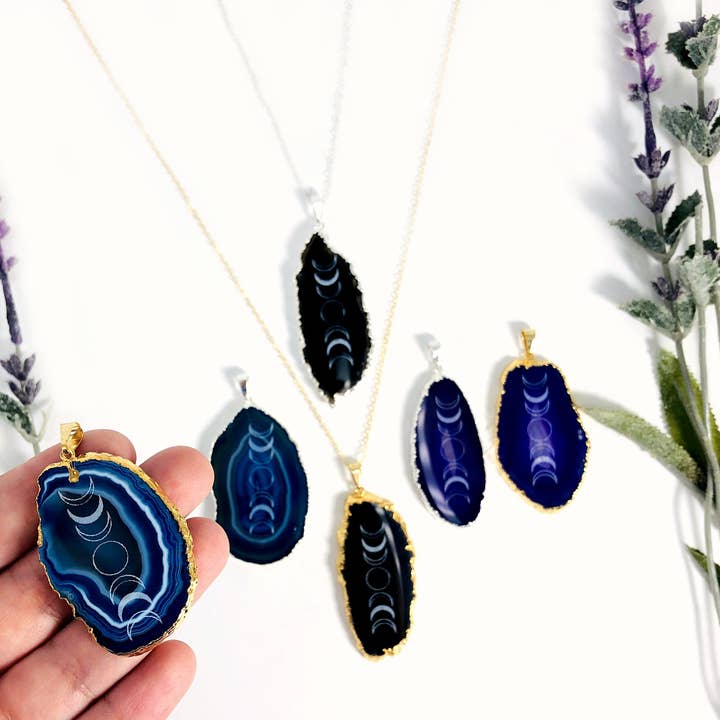 Jewelers Paradise - Wholesale Individual charm/pendant - Agate Slice Pendants with Moon Phases Electroplated Edges8