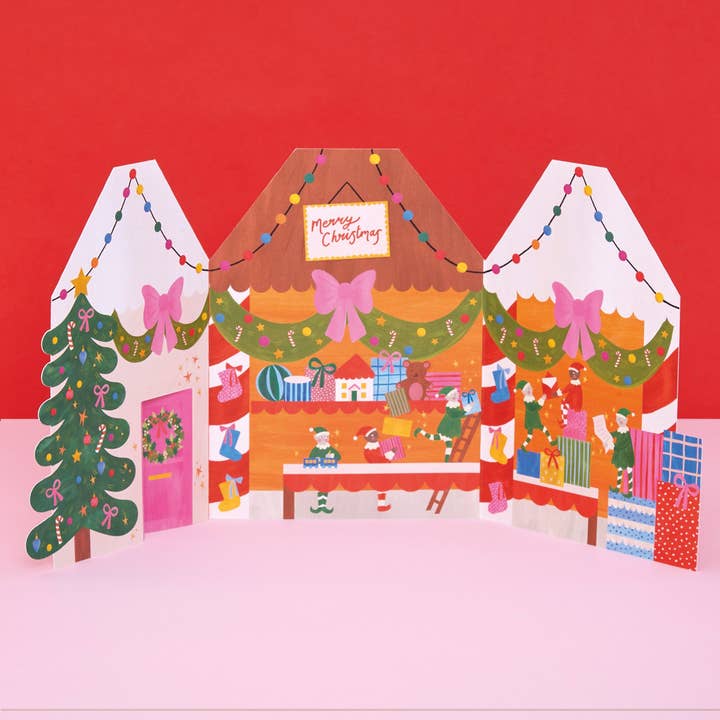 Raspberry Blossom - Wholesale Christmas Card - Merry Christmas 3-D Elves Workshop Christmas Card1