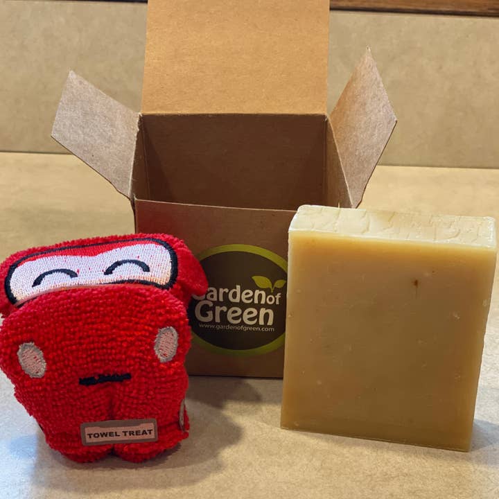 Kids Bath Gift Set with Lemon Soap & Red Car Washcloth – Eco-Friendly Gift Box for wholesale by Garden of Green