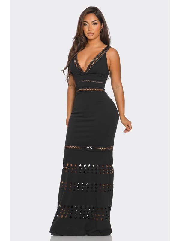 BANJUL - Wholesale Dress - Women's - HD13439 V-Neck Sleeveless Semi-Hollow Mermaid Solid Dress