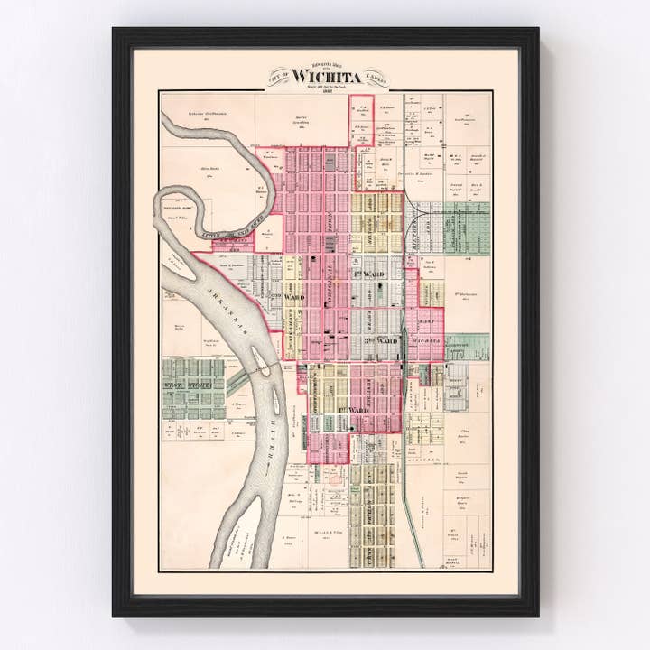 Vintage Map of Wichita, Kansas 1882 for wholesale by Ted's Vintage Art