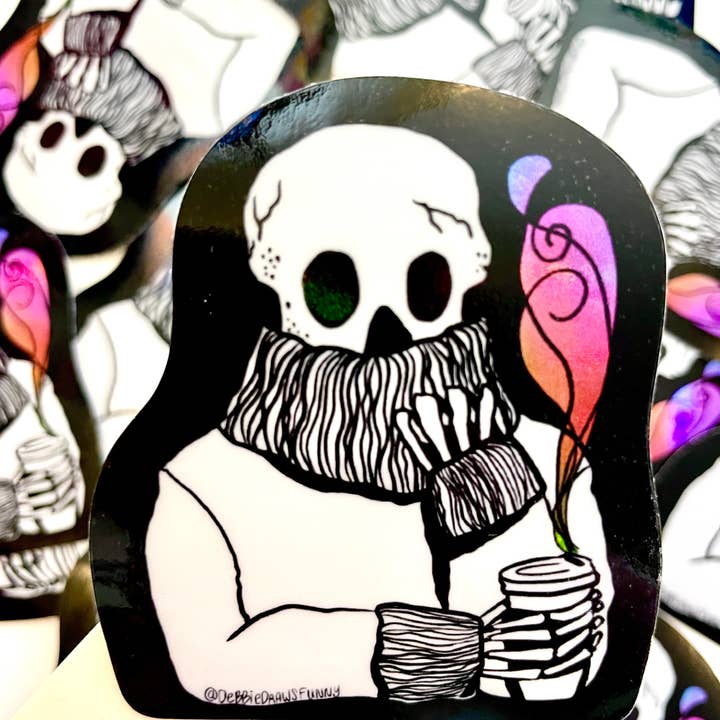 Autocollant holographique Halloween Pumpkin Spice Skeleton pour la vente par Debbie Draws Funny