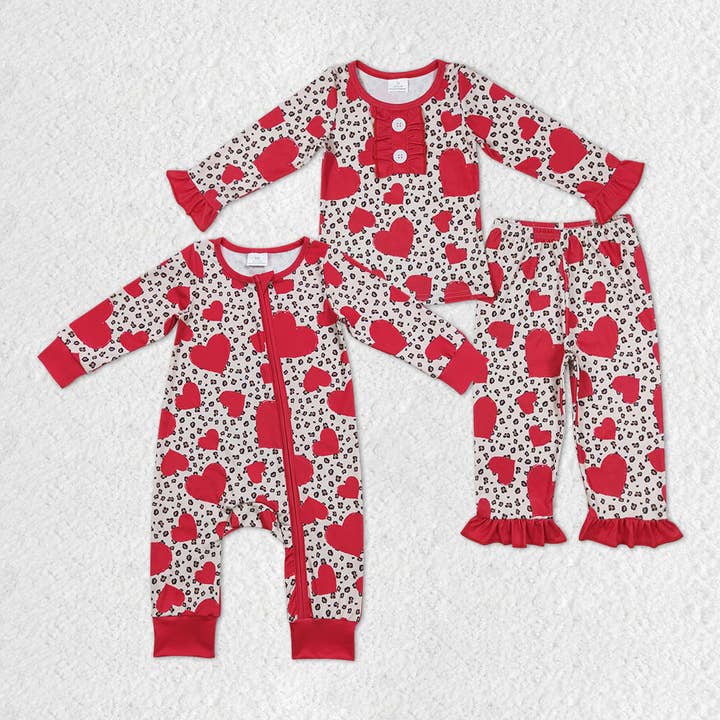 Baby Girls Valentines Hearts Leopard Sibling Romper Pajamas for wholesale by Aier Wholesale
