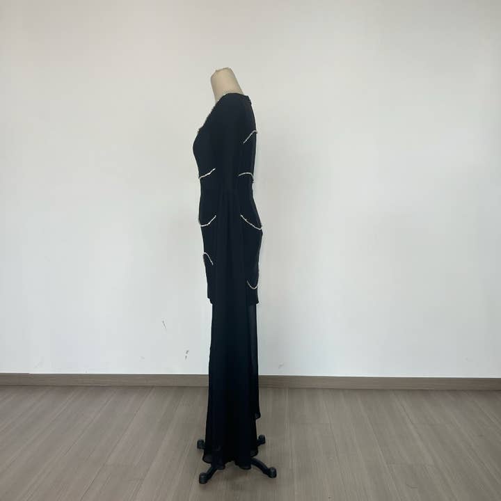 Svart DR364Bandageklänning med diamantkedjeslitsar och lång ärm för wholesale på Faire6